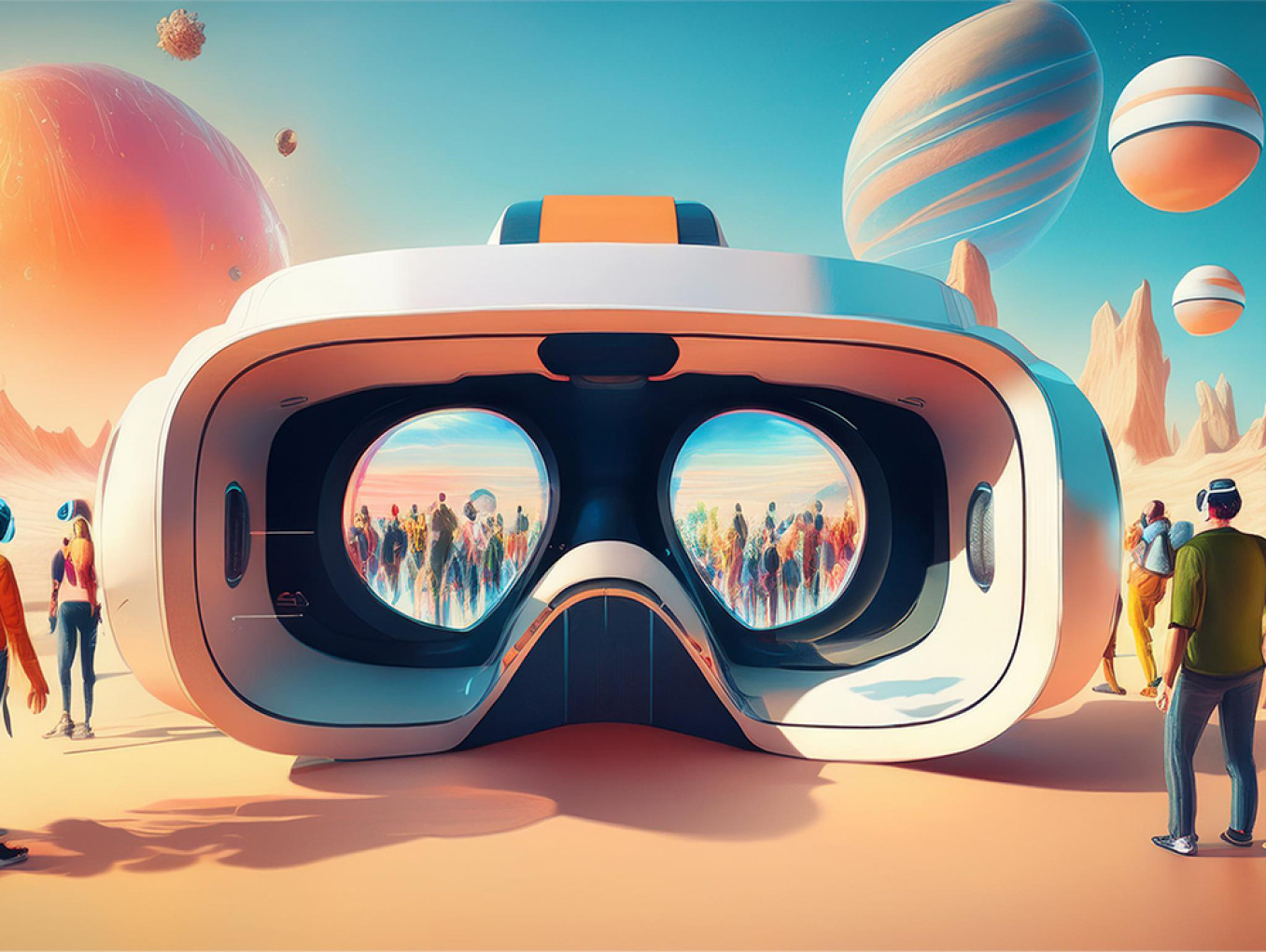 A giant futuristic VR Goggle is surrounded by a crowd of different people or robots on the surface of a colorful dessert planet. In the sky other planets are visible.