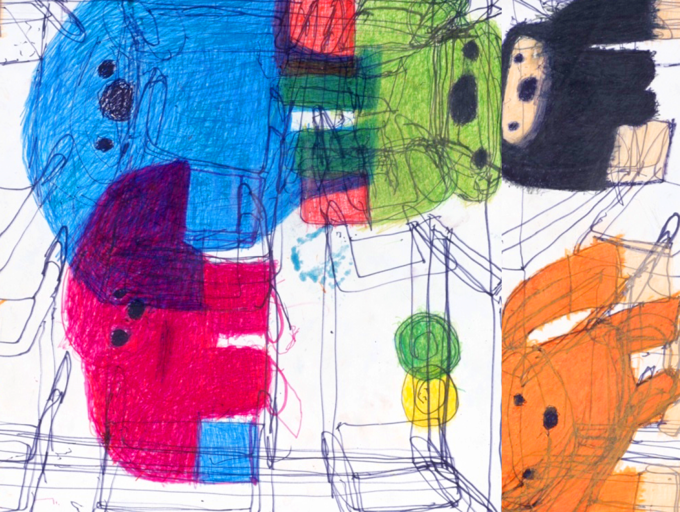 This photo shows a multi-colour work by the artist Achim Maaz drawn with oil pastel crayon and felt-tip pen.