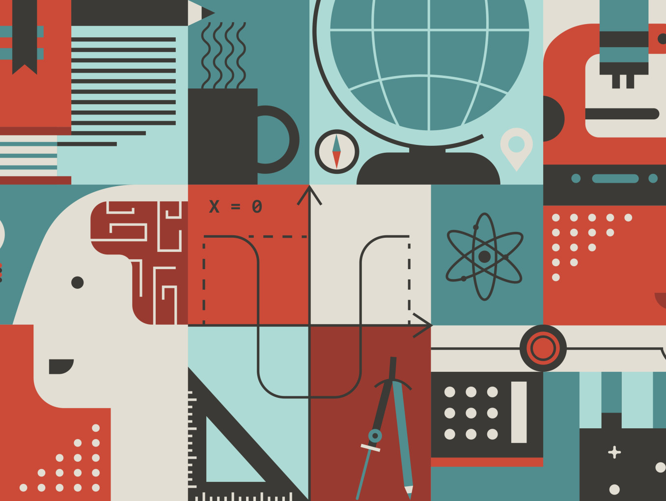 This image features a stylized, abstract representation of scientific and academic concepts. It is composed of geometric shapes and illustrations in shades of red, teal, black, and white. The design includes icons of test tubes, a DNA helix, a lightbulb, a microscope, a globe, and a ruler, all arranged in a grid-like pattern. 