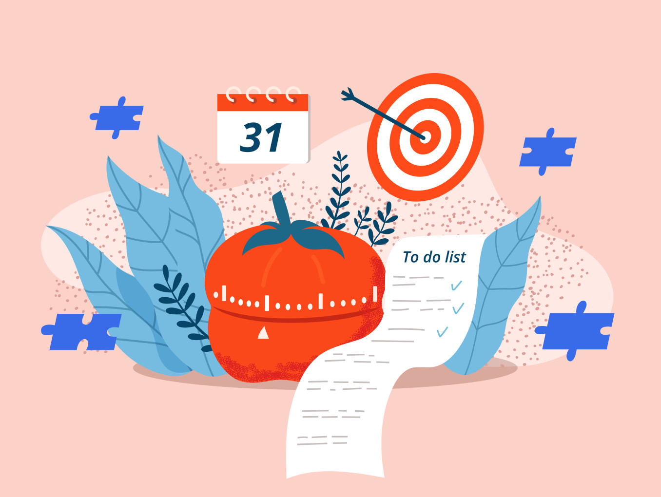 Cartoon style image of red tomato timer surrounded by to-do list, calendar