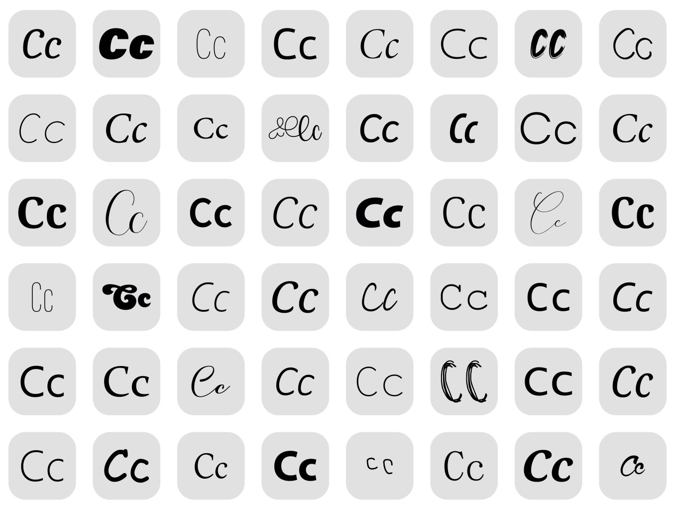 A list of the letter "C" written in different fonts.
