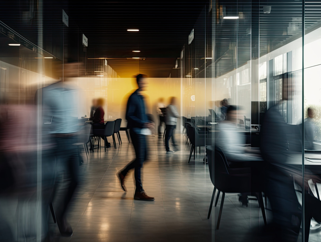 A blurry image of works in an office