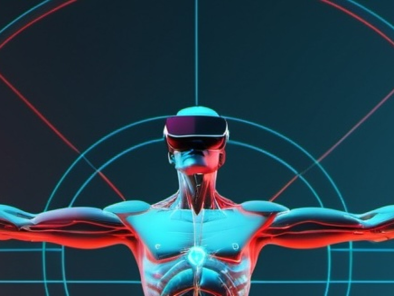 A futuristic remake of the Vitruvian man, with VR glasses