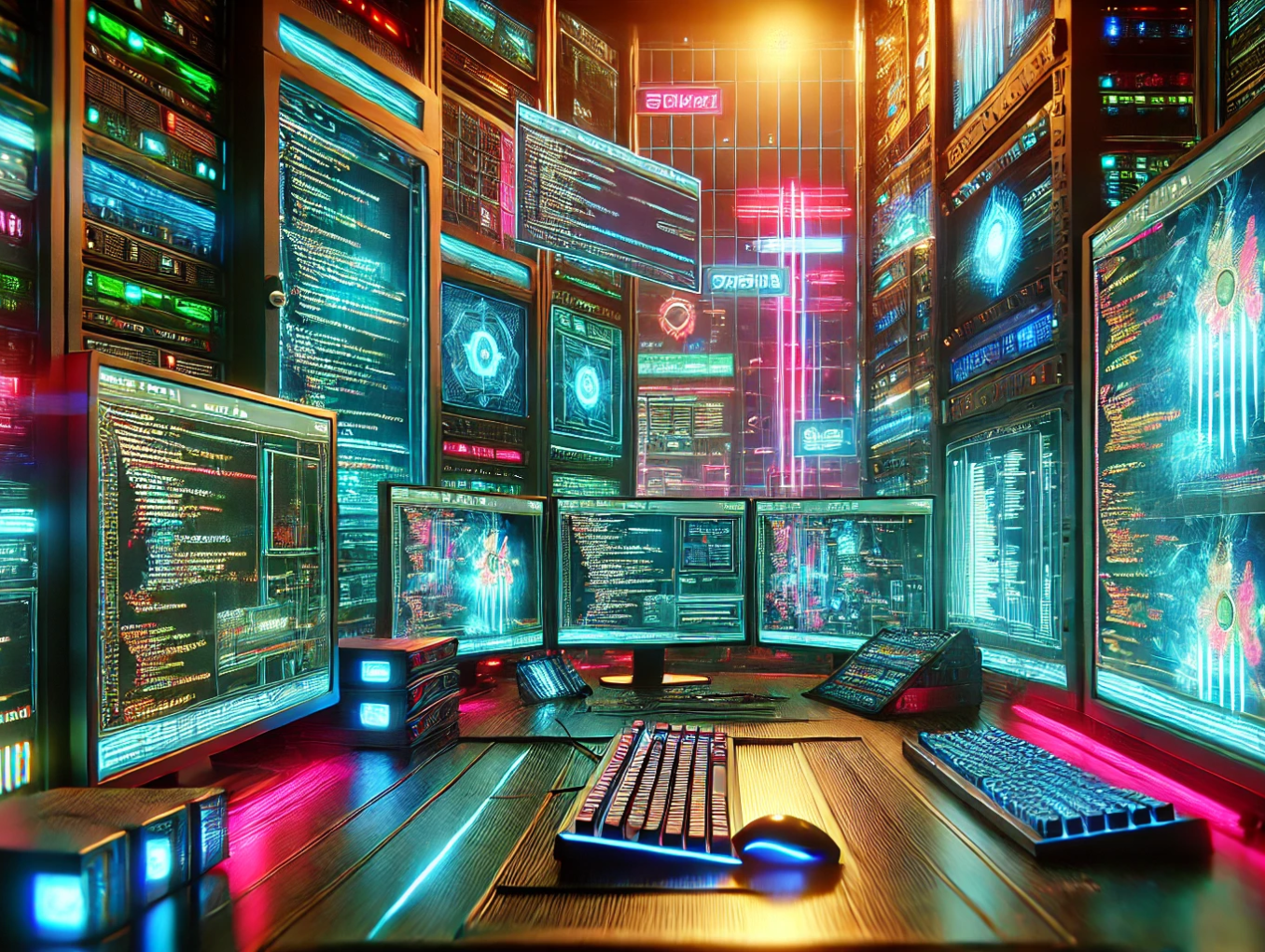 An AI generated illustration of many screens and other computer hardware