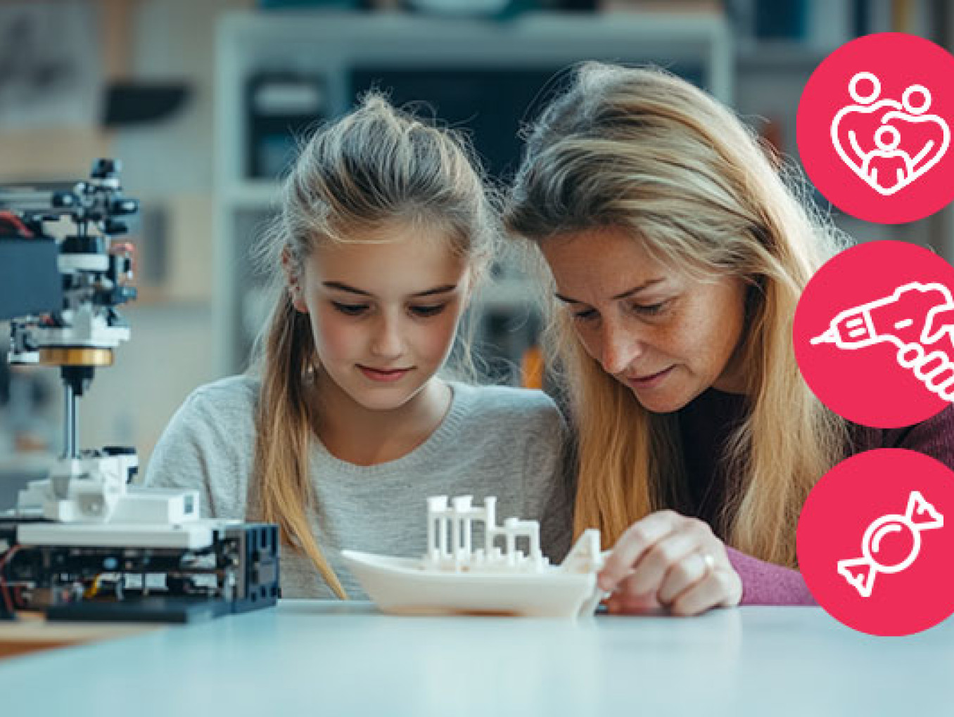 Eine Darstellung von Mutter und Tochter, die ein 3D-gedrucktes Boot ansehen.