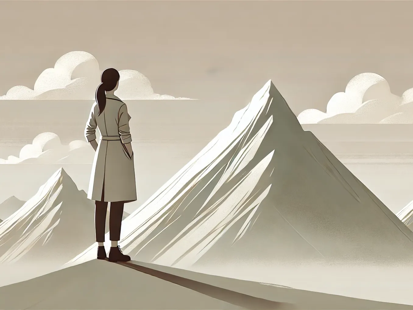 A sepia drawing of a woman seen from her back looking at Mountains