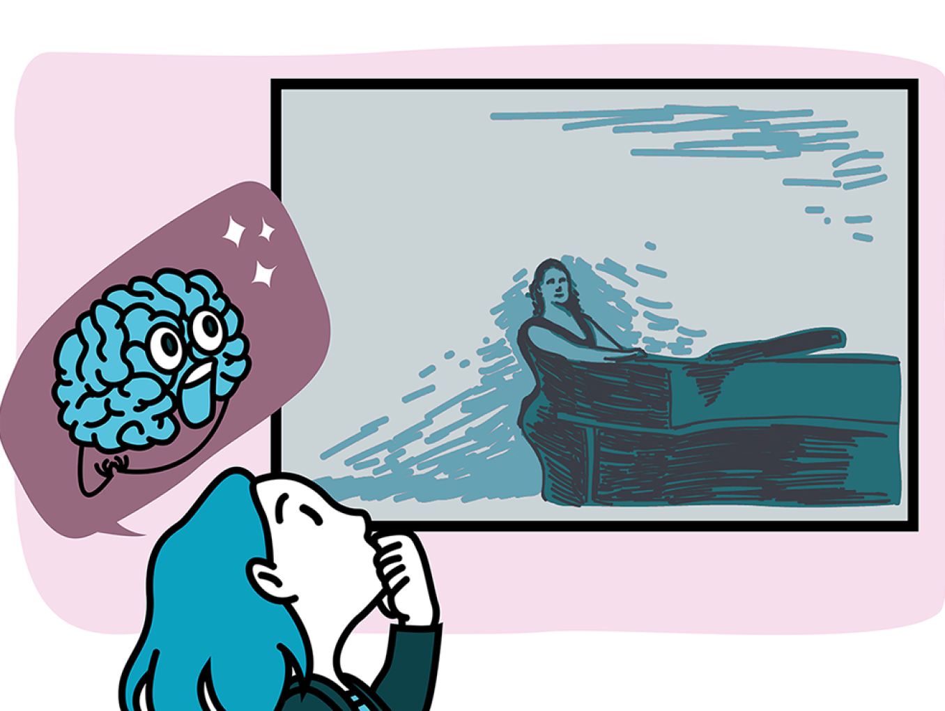 Eine Comicfigur betrachtet Thomas Wilmer Dewings Gemälde „Das Klavier“. In einer Sprechblase sieht man ihr Gehirn, das das Gemälde bewundert. 