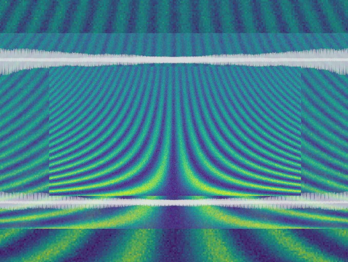 Banner graphic of a qbit's Ramsey delay measurement in green and blue - stacked three times in different image sizes - and a white stereo waveform of an acoustic signal, horizontally mirrored