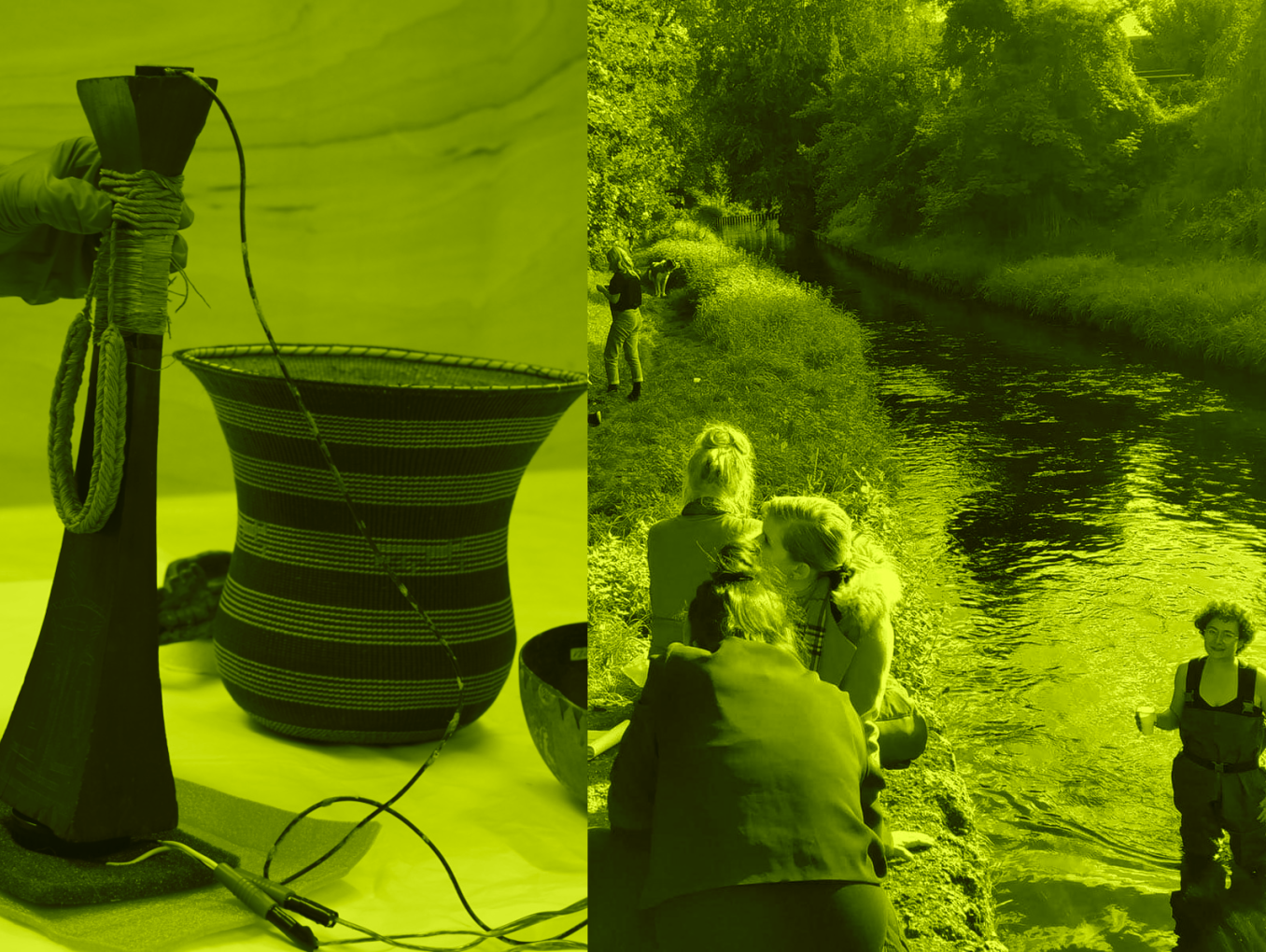 OBEJCT TO THE LEFT, PEOPLE AT RIVER ON THE RIGHT SIDE