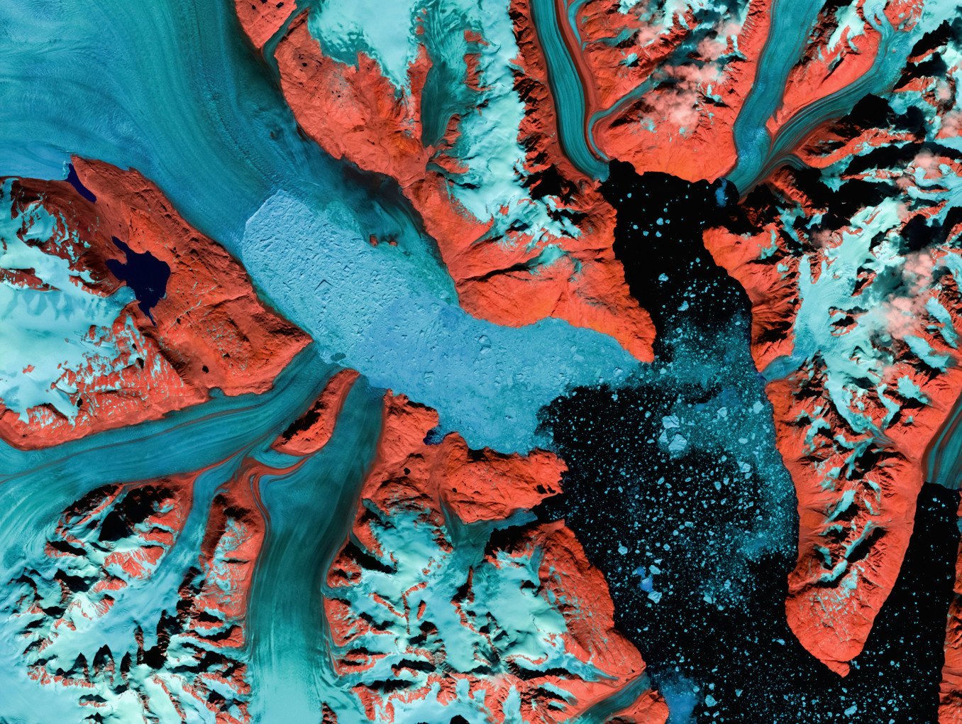 Aerial view of mountains and snow