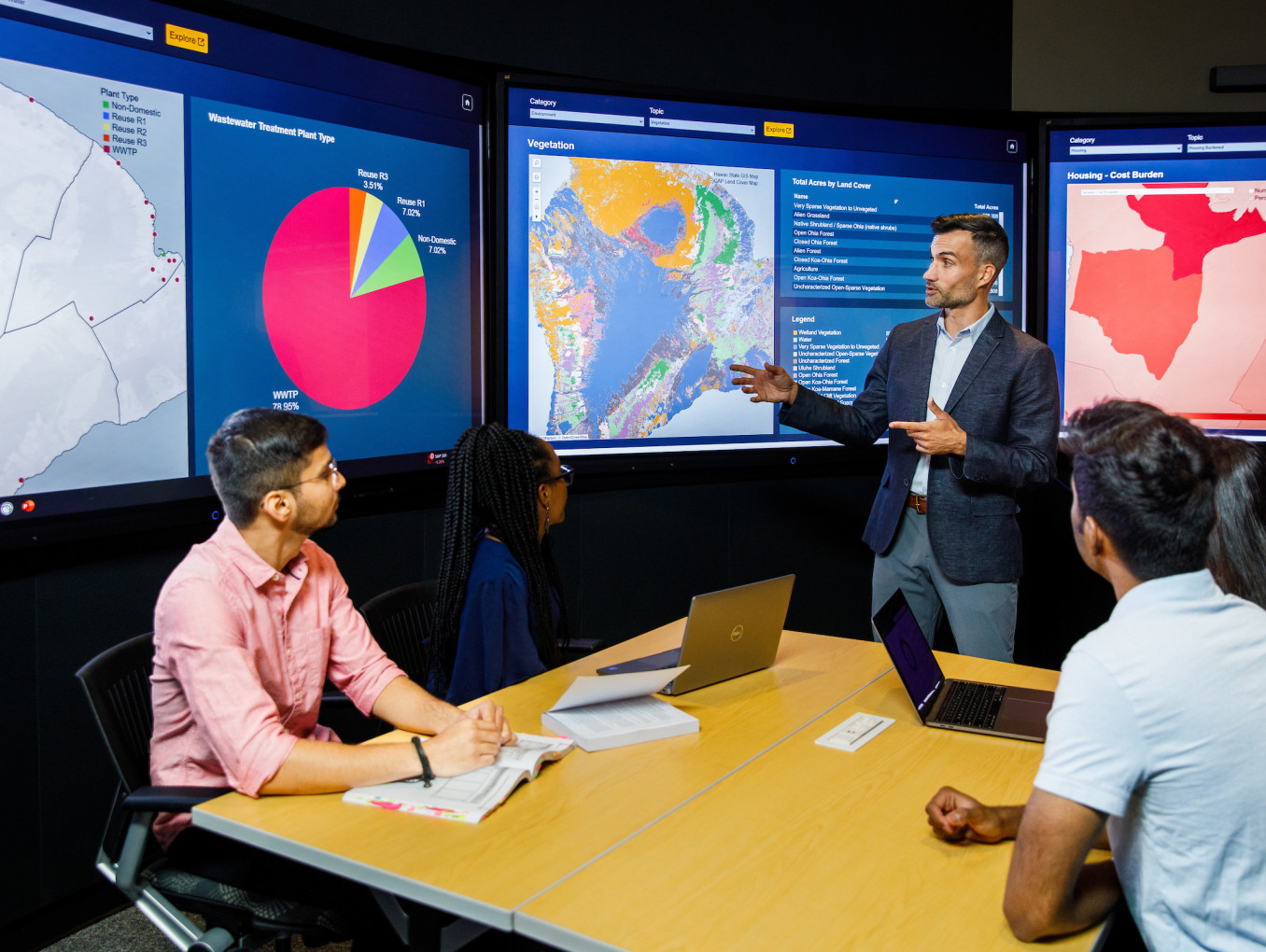 A group of people engaging with a set of screens with statistics