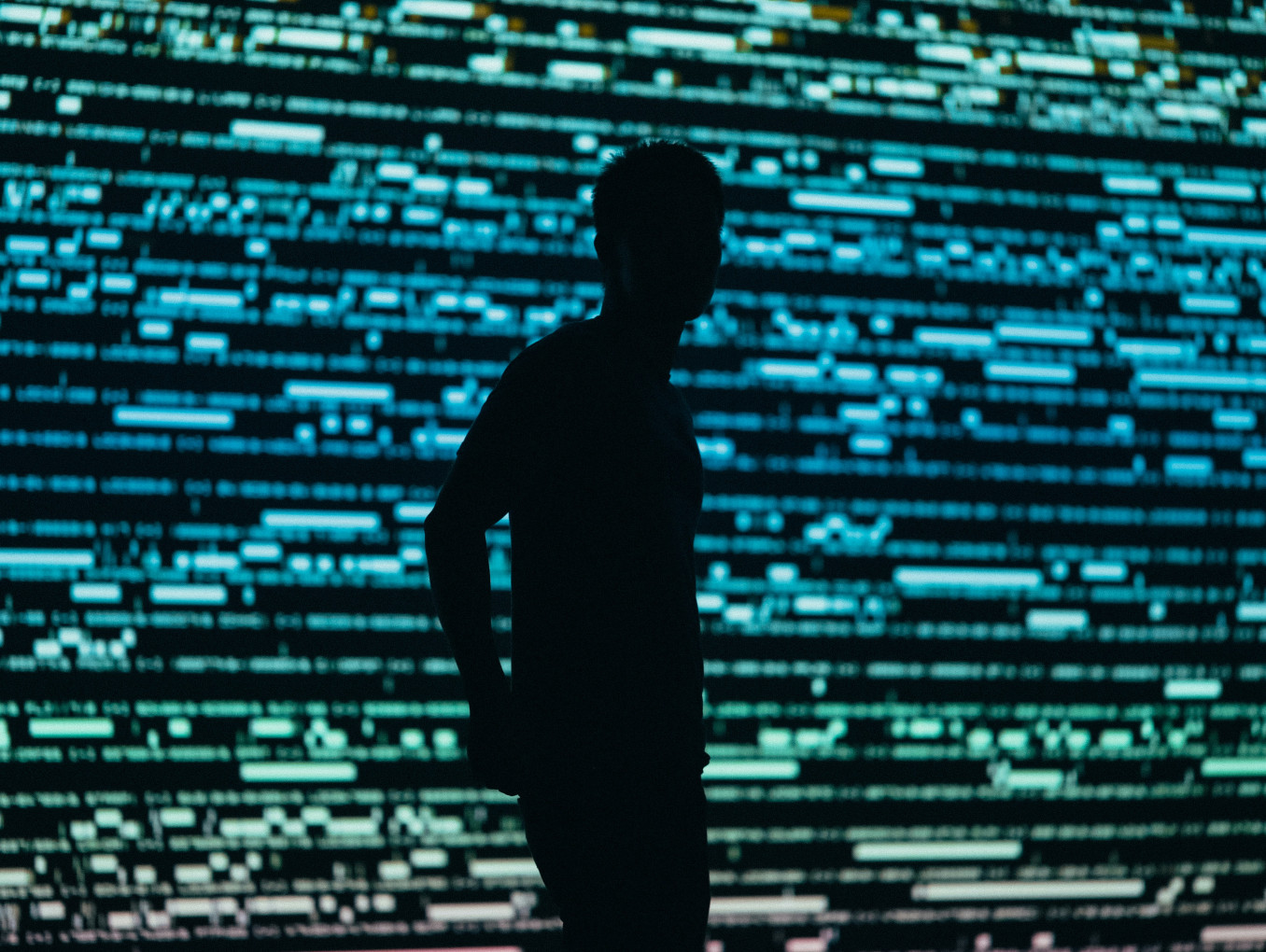 A silhouette of someone in front of blurred text on a projected screen.