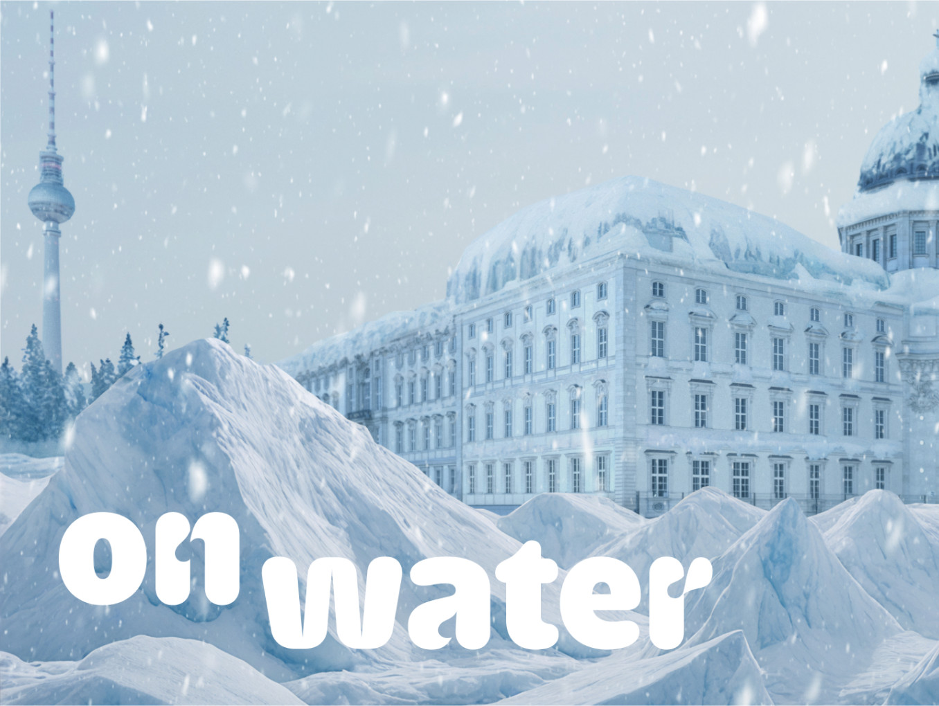 A snowcovered cityscape image of Berlin: it is snowing, everything is frozen. 