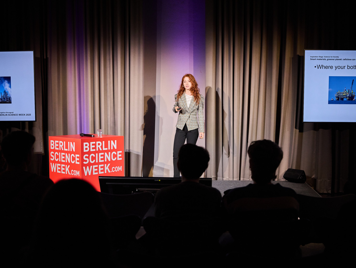 A woman stands between screens giving a talk. 