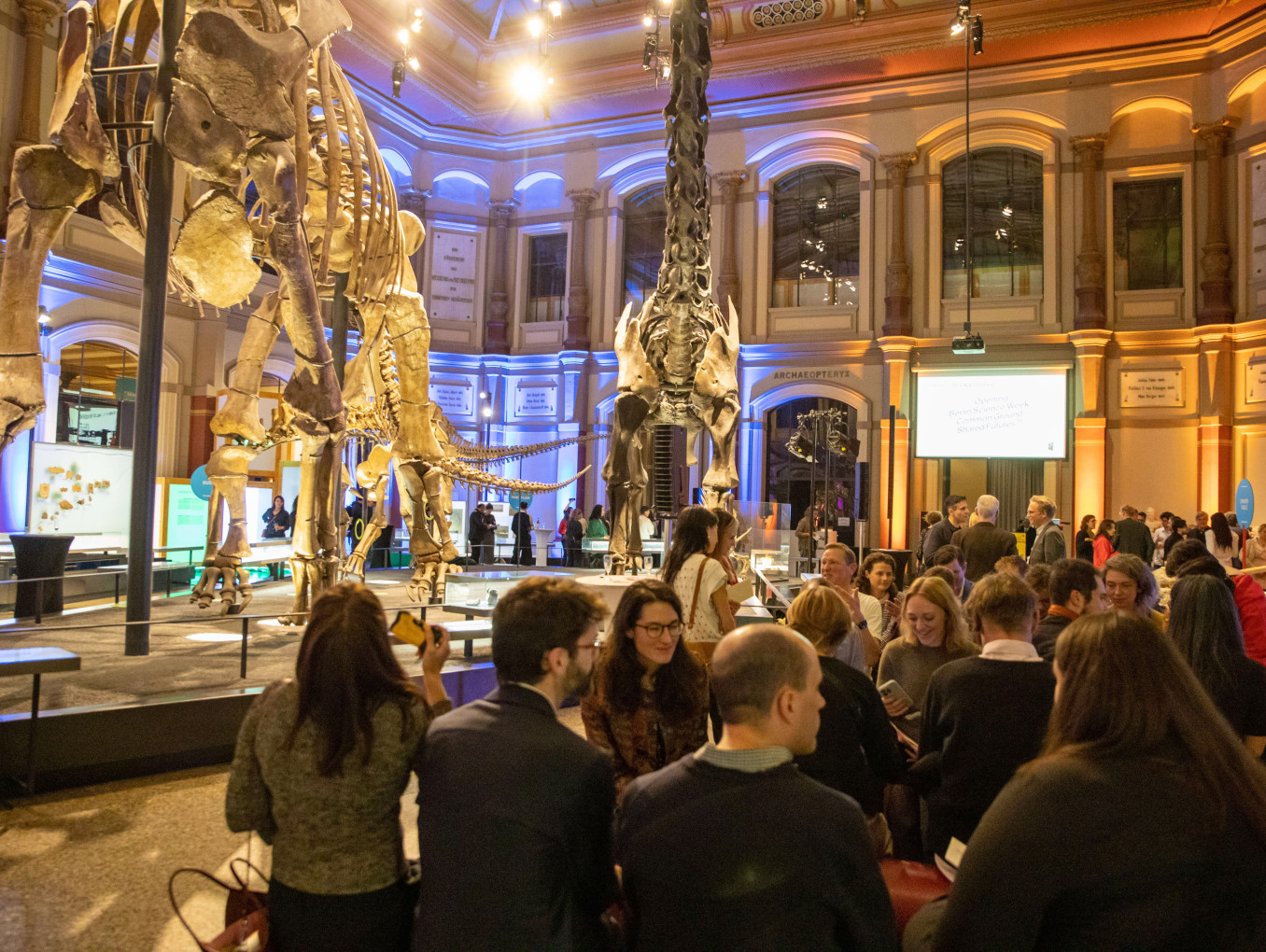 A group of people stand in a museum in the evening.