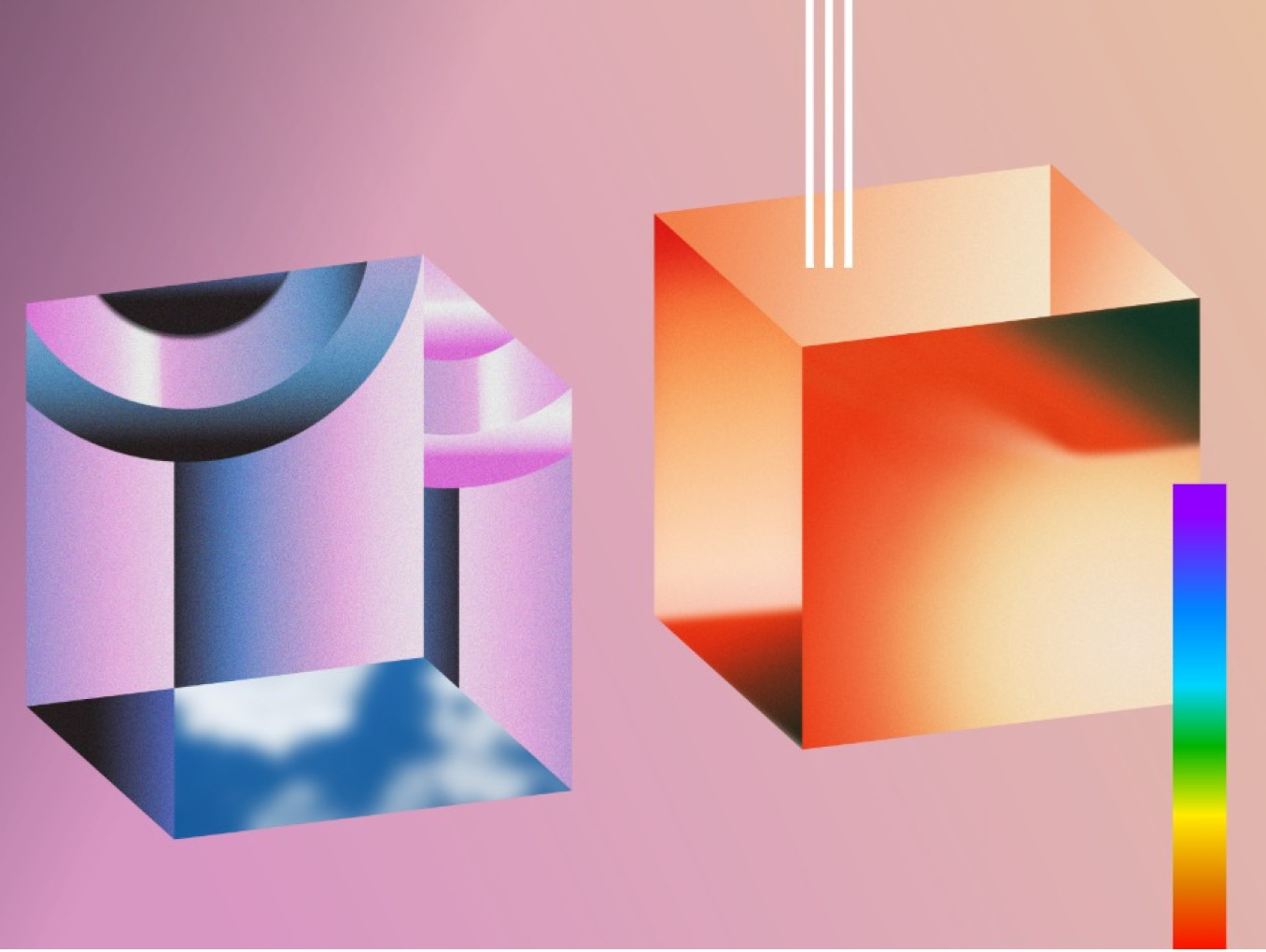 Four heterogeneous cubes hover next to one another. 