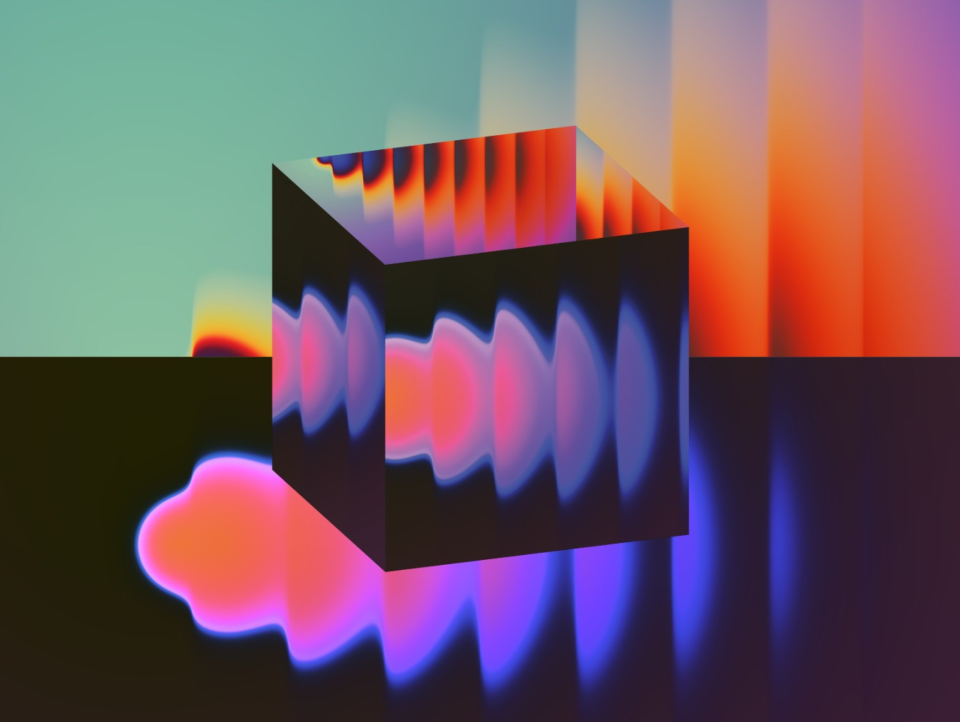 A cube sits in the middle of the image, surrounded by seemingly thermal imagery. 