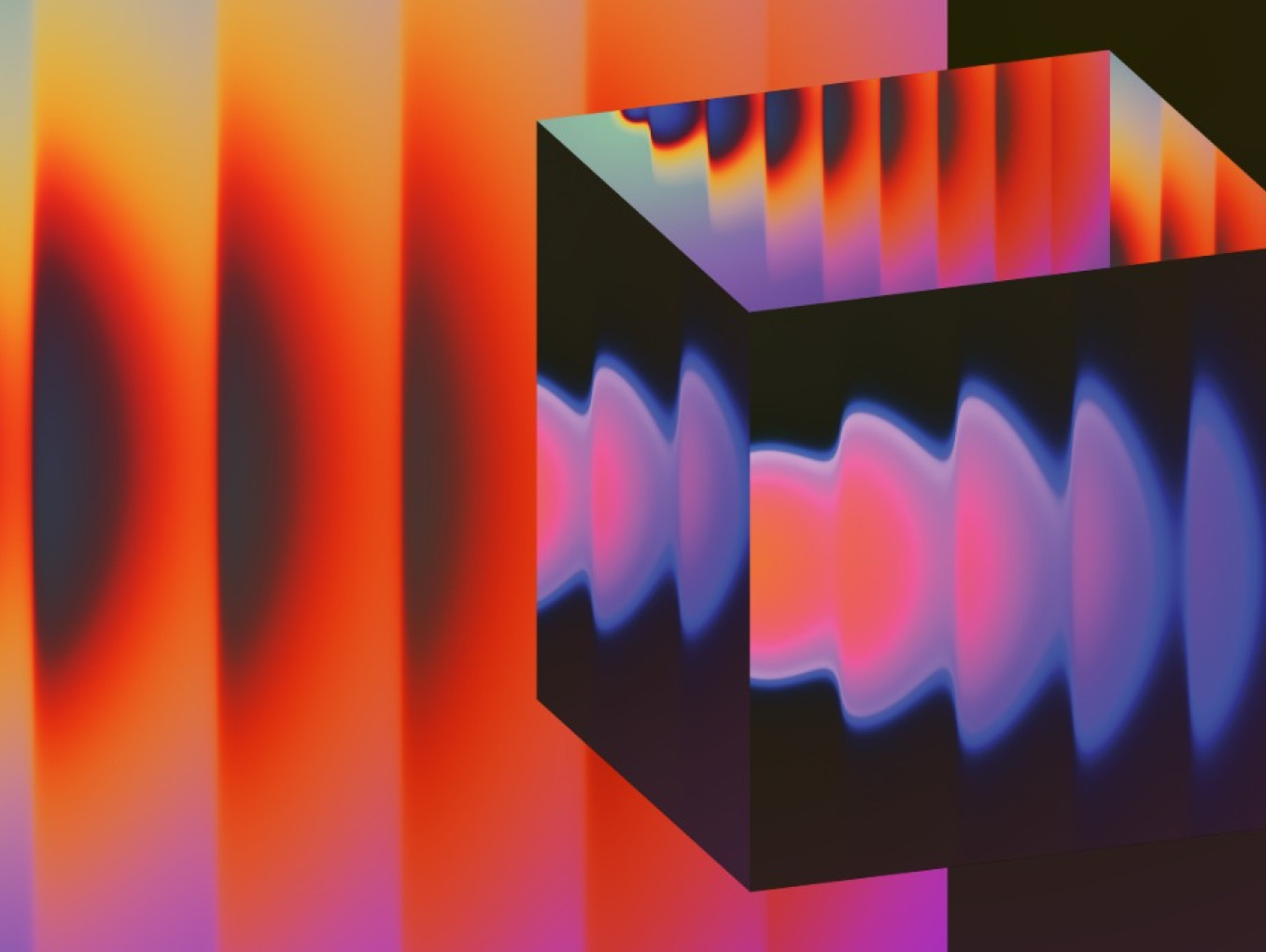 A reflective cube sits slightly to the right amidst what appear to be thermal images. 