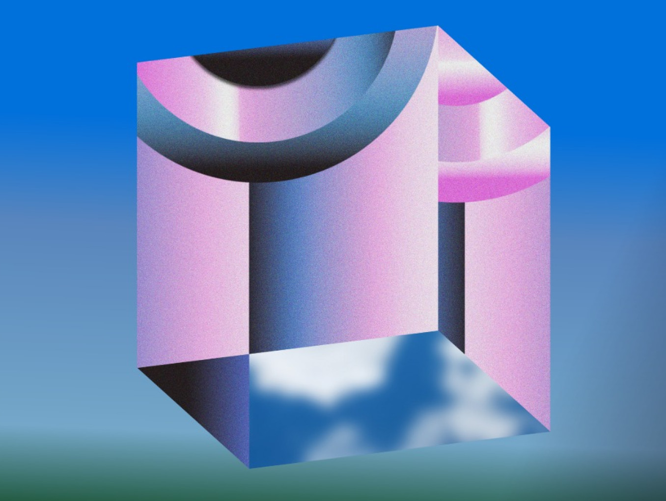 A cube with clouds hovers slightly to the right. 