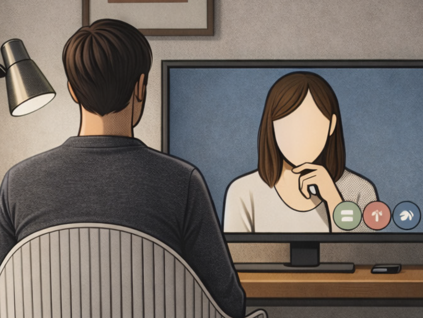uf dem Bild ist eine Person von hinten zu sehen, die am Schreibtisch sitzt und vor sich einen Computerbildschirm hat. Auf dem Bildschirm ist ein Avatar einer Person mit langen braunen Haaren zu sehen.