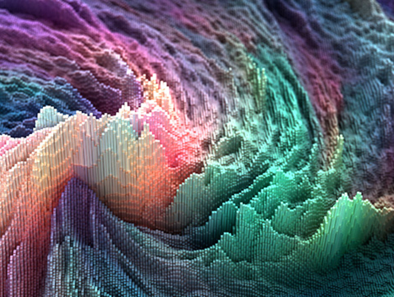 synthetic image showing pixels curled as mountains with gradient colours in green, blue, magenta
