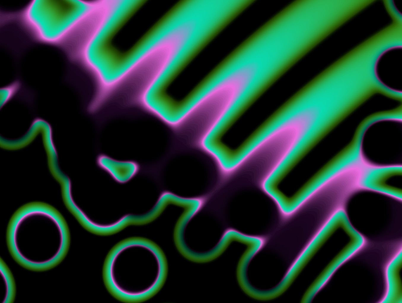 Abstract digital artwork with neon green and purple glowing shapes, featuring circles and wave-like patterns against a black background