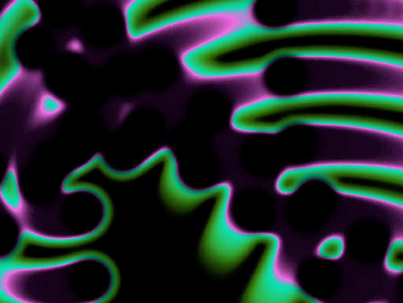 Abstract digital artwork with glowing neon green and purple flowing shapes on a black background