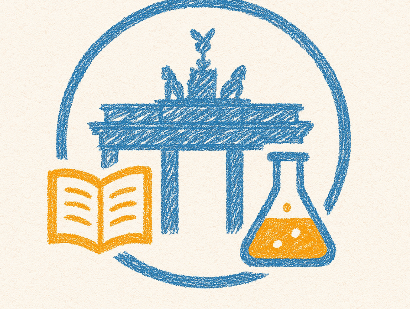 Cartoon graphic displaying the Brandenburger gate in the background, and a lab notebook and a lab flask in the foreground.  