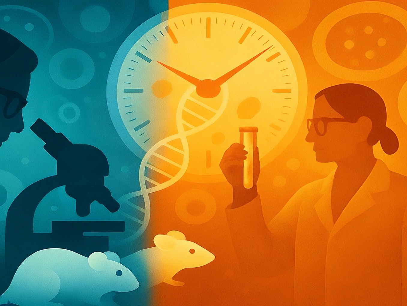 Illustration mit zwei Forschenden, Laborausrüstung und Versuchsmäusen vor einem abstrakten Hintergrund in orange und blau.