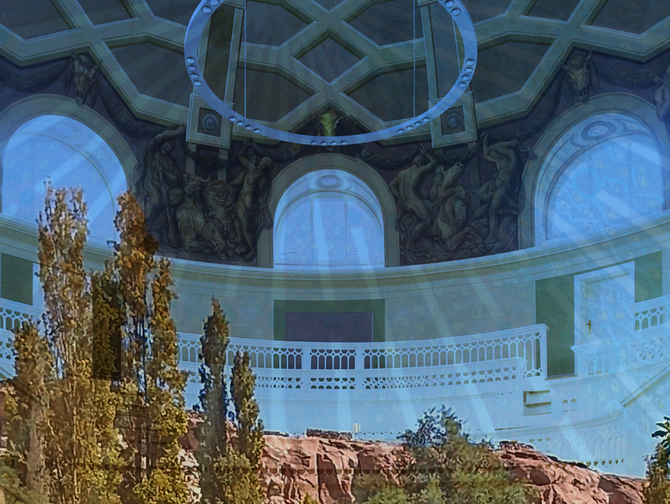 Digital composition merging an oasis landscape with lush trees and red cliffs with the domed interior of the Tieranatomisches Theater in Berlin. The decorated dome with frescoes and white balconies is superimposed over the oasis scene, bathed in a blue glow with radiant light beams.