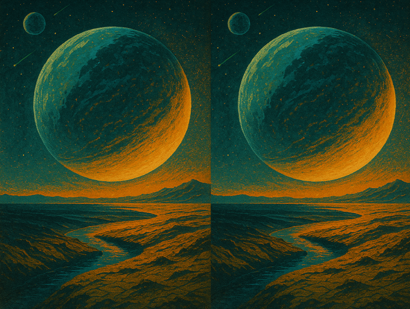 Digital illustration of a surreal planetary landscape. A massive, glowing planet dominates the sky above a barren, winding terrain, with a smaller moon and shooting stars in the distance. The scene repeats four times in a horizontal row