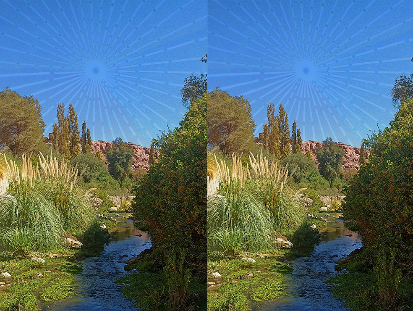Digital collage with four repeated panels of a lush riverside landscape. The scene shows green vegetation, trees, and reeds along a stream, with rocky hills in the background under a clear blue sky featuring a radiating sunburst pattern.