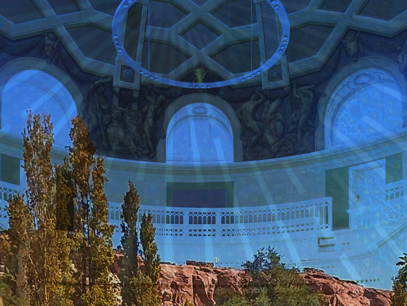 Digital composition merging an oasis landscape with lush trees and red cliffs with the domed interior of the Tieranatomisches Theater in Berlin. The decorated dome with frescoes and white balconies is superimposed over the oasis scene, bathed in a blue glow with radiant light beams.