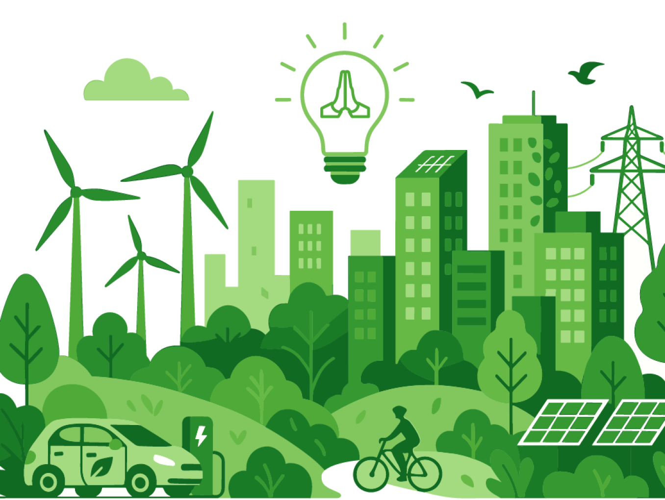 Illustration einer grünen, nachhaltigen Stadt mit Windrädern, Solarpaneelen, Bäumen, einem Elektroauto an der Ladestation und einer Person auf dem Fahrrad. Über den Gebäuden leuchtet eine Glühbirne mit betenden Händen darin – als Symbol für die Verbindung von nachhaltiger Mobilität und Religionsforschung.