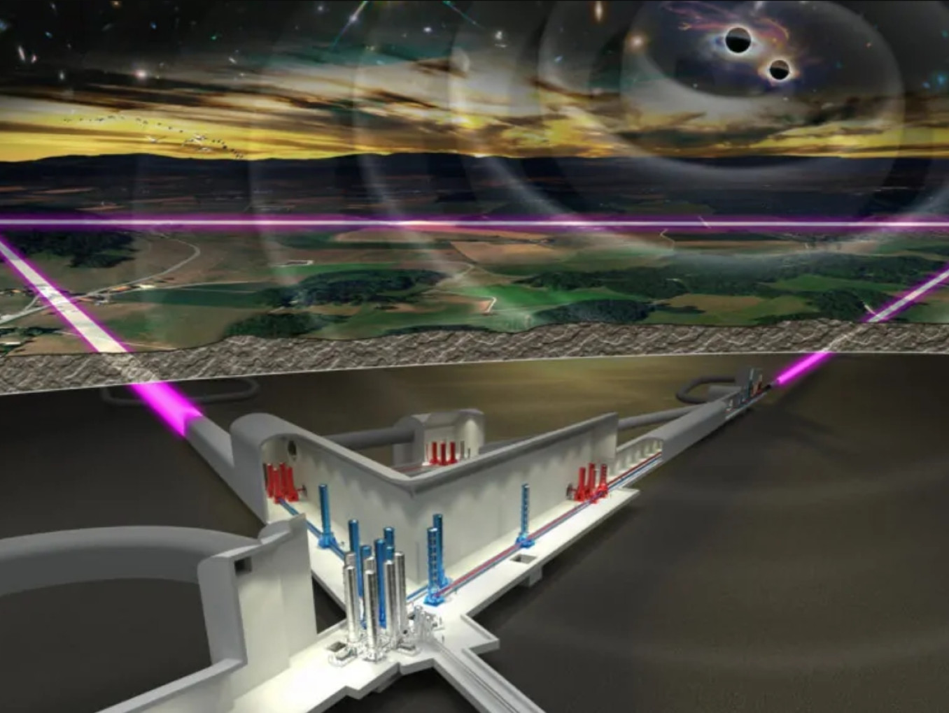 Artist's impression of gravitational waves being detected by the underground Einstein Telescope.