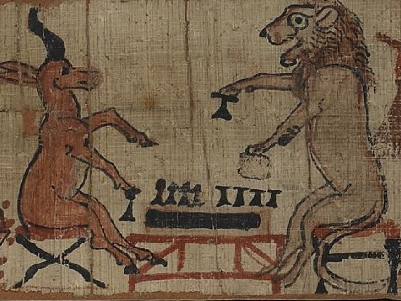 Animals playing games. Papyrus from Ancient Egypt.