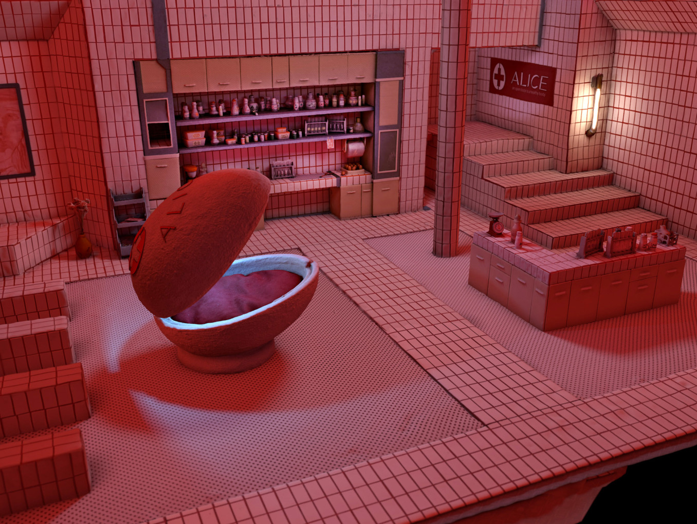 The image shows a handcrafte lab in white tiles and red lighting. There are changing cabins, shelves with medicine, and an egg-like bed. 