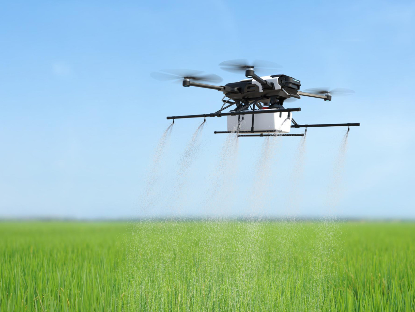 Drone spraying fertilizer on vegetable green plants agriculture technology