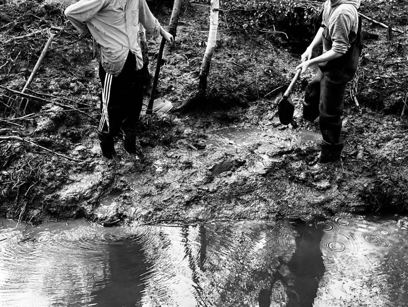 Schwarz-Weiß-Foto von zwei Personen mit Schaufeln, die an einem schlammigen Teich stehen, umgeben von Bäumen und Gras.