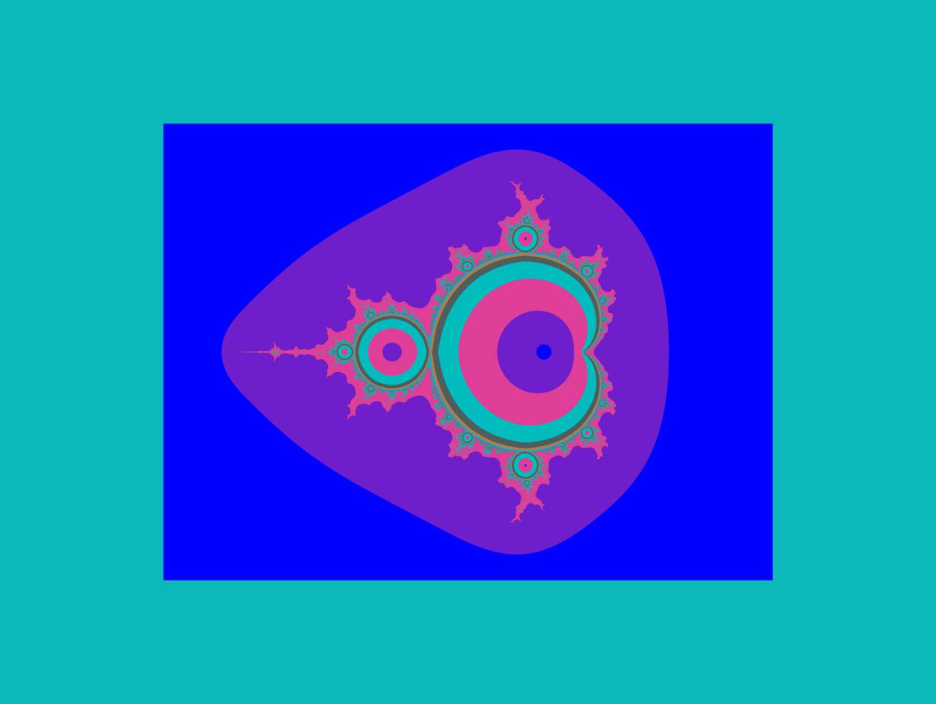 Abstract fractal design with bold colors including blue, purple, teal, and pink, forming circular and spiky patterns.