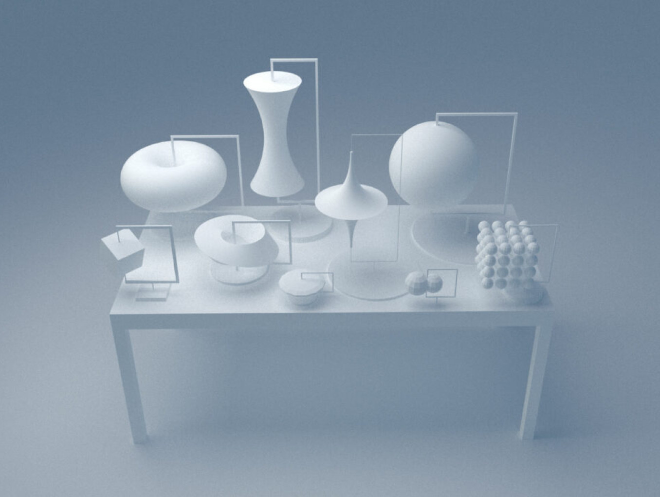A minimalist display of various abstract white geometric shapes on a table against a soft blue background.