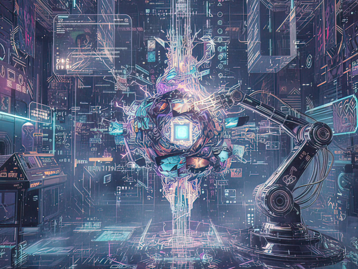 A glowing, crystalline object levitates in the center of a futuristic, industrial laboratory, being fabricated by a robotic arm