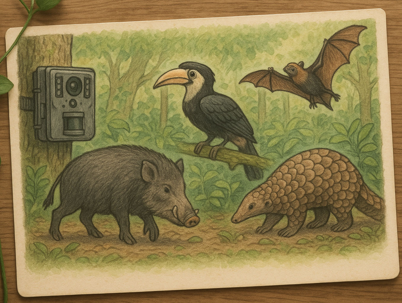 Different wildlife species and camera trap in a forest
