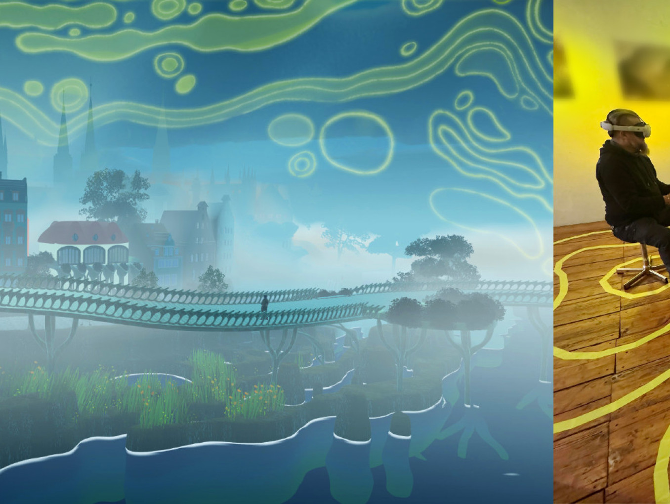 Image showing the Sponge City VR experience, where visitors wearing headsets explore a futuristic, biomorphic, water-sensitive urban landscape.
