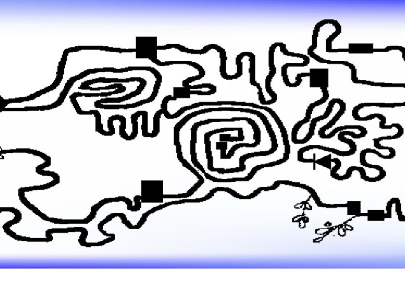 Hand-drawn maze with organic shapes, starting and ending with black arrows. The path includes square obstacles and small flower sketches near the edges, set against a blue gradient border.