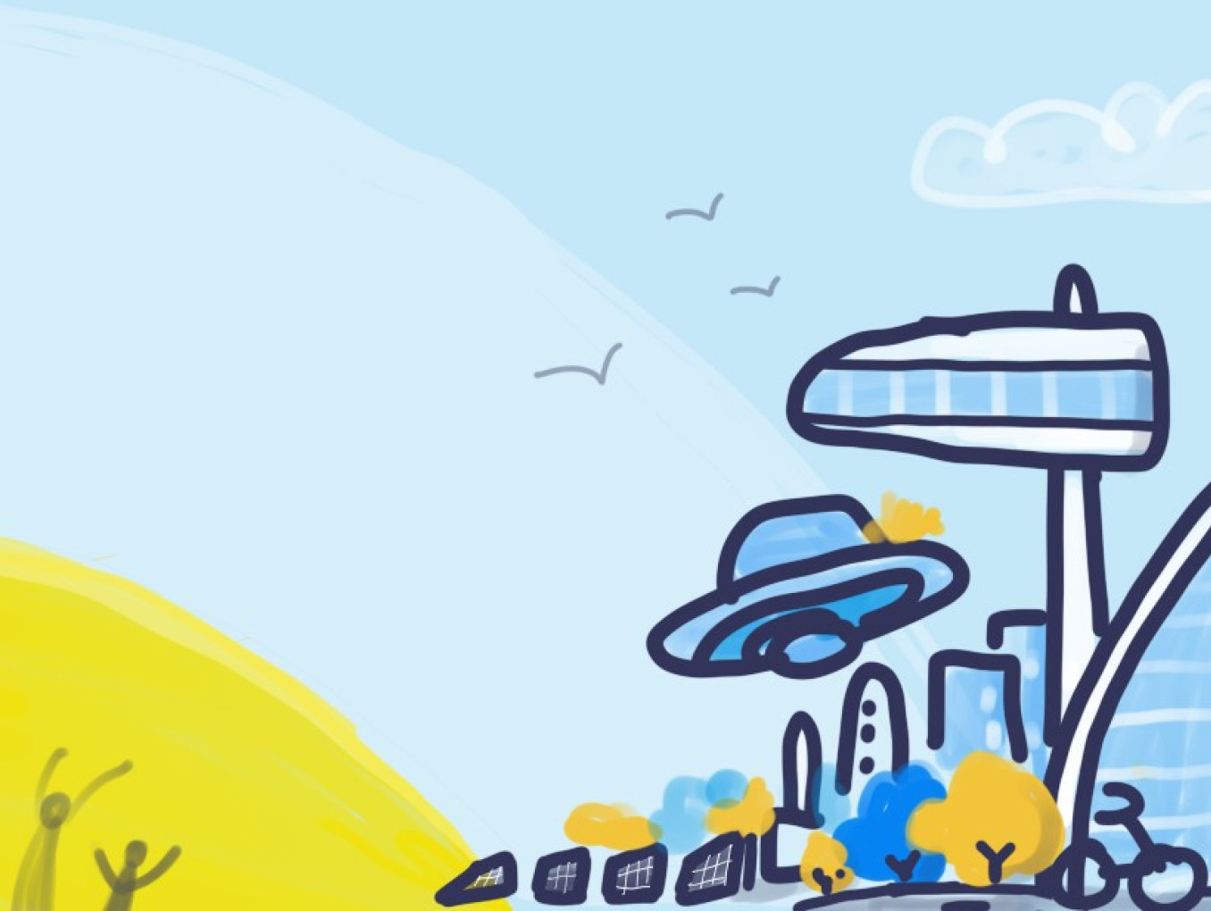 Illustration of a futuristic city with a large sun