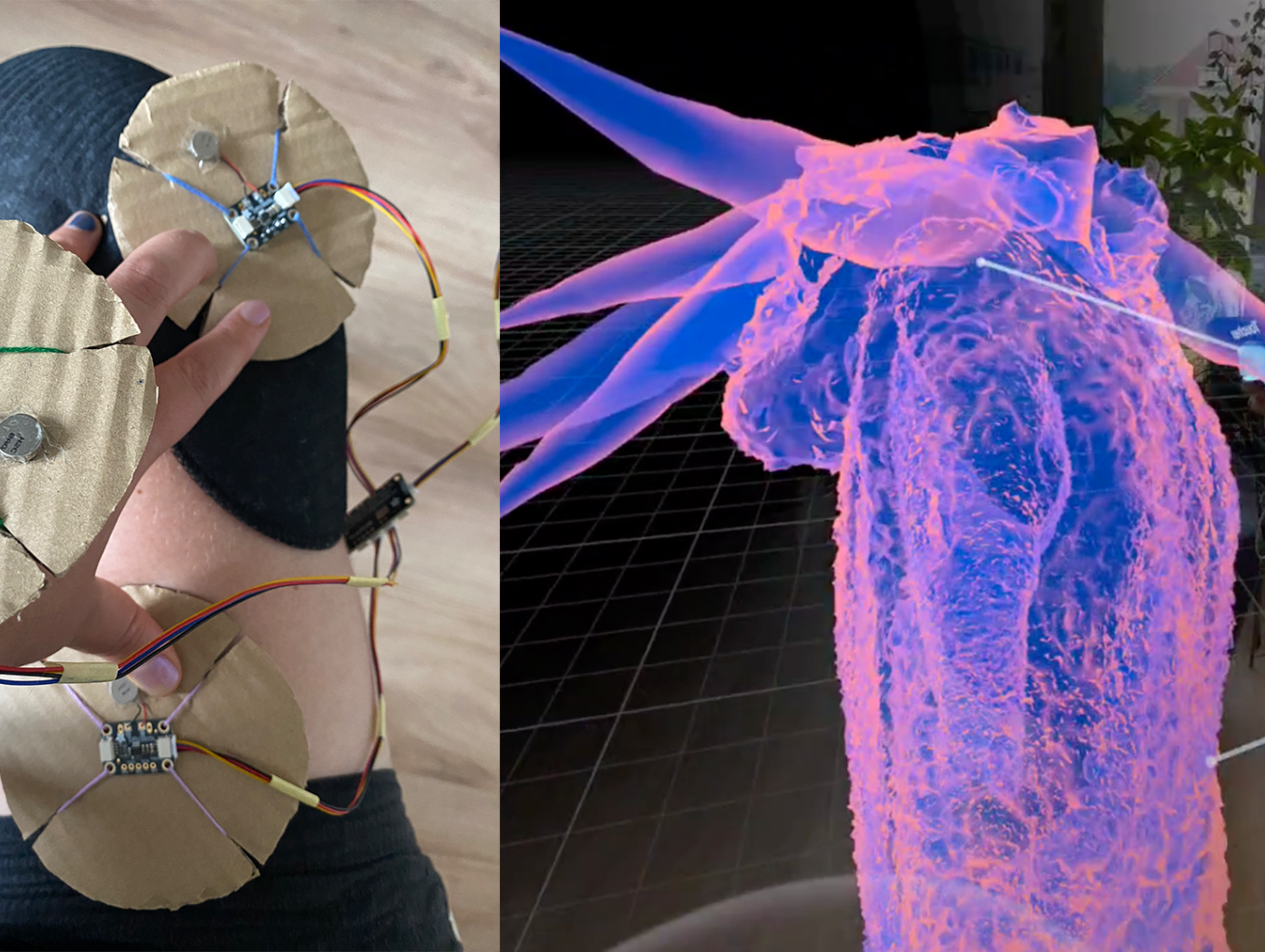 This collage unfolds how the project experiments with Virtual Reality. On the left, a photo shows a custom controller that Iz is building with two of their hands holding vibration motors attached to cardboard pieces in place. On the right, a screenshot shows the costume of a tiger from the opera The Magic Flute in Virtual Reality. Half of the screenshot shows the virtual space, the other half blends into Iz living room and shows their arms holding Quest controllers.
