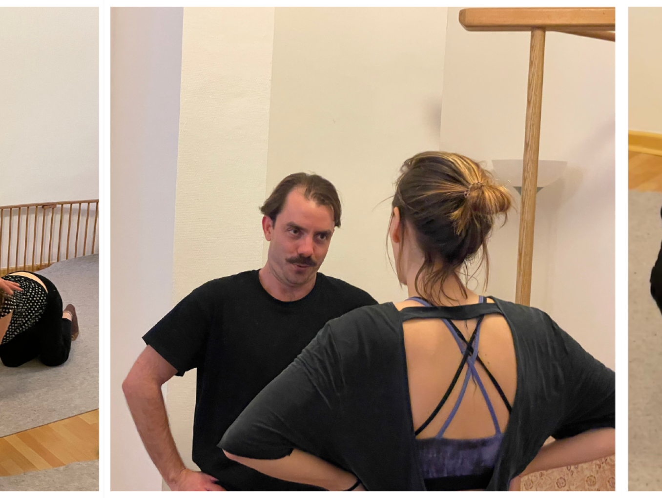 In three different scenes adults interact, making silly faces 