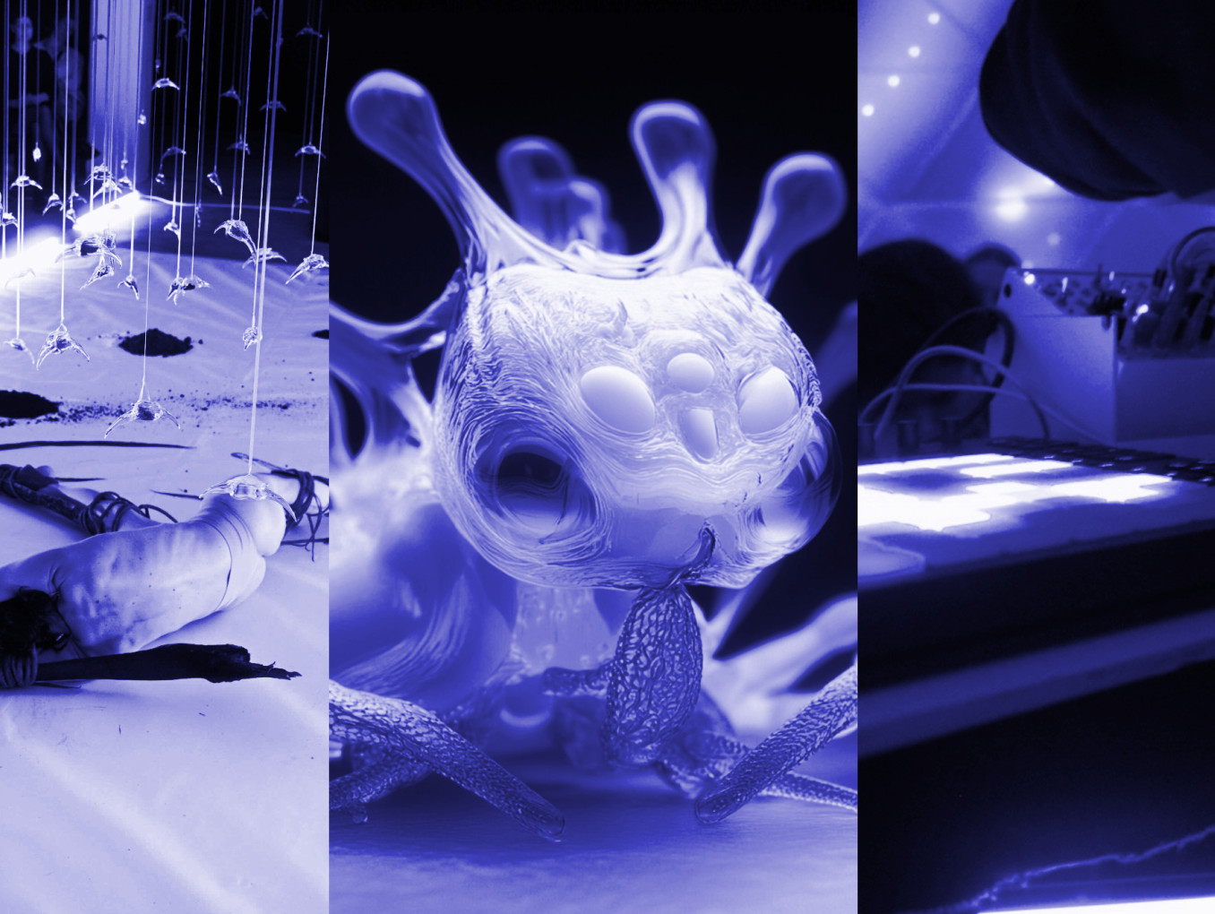3 images / Left: artist Pevere is laying on the floor during her performance; middle: an AI created imaginary animal; right: a human arm working on a mixting table during a public sound presentation