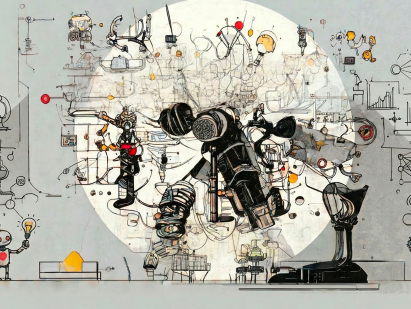 AI generated graphic with grey background showing sketches of robots and a lot of scientific gadgets, in the middle a spotlight on kind of a huge black microphone